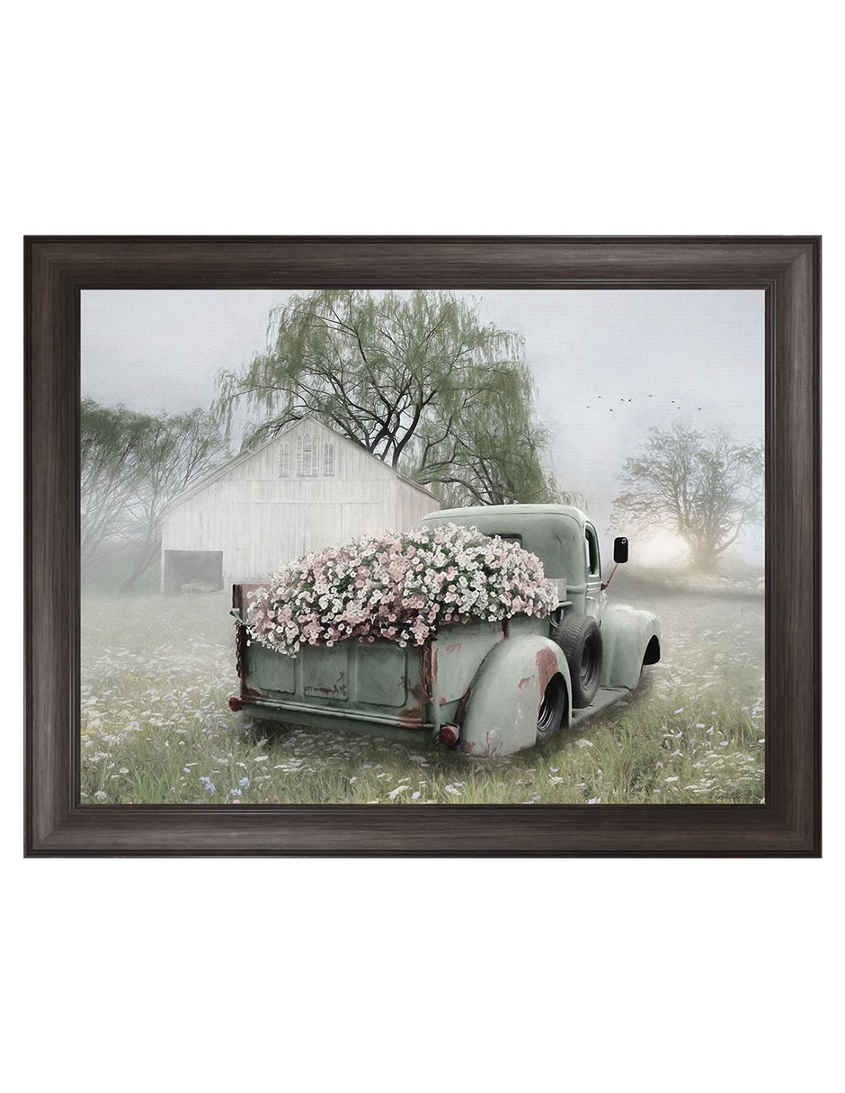 Cuadro decorativo Camioneta verde con petunias rosadas de Lori Deiter técnica mixta