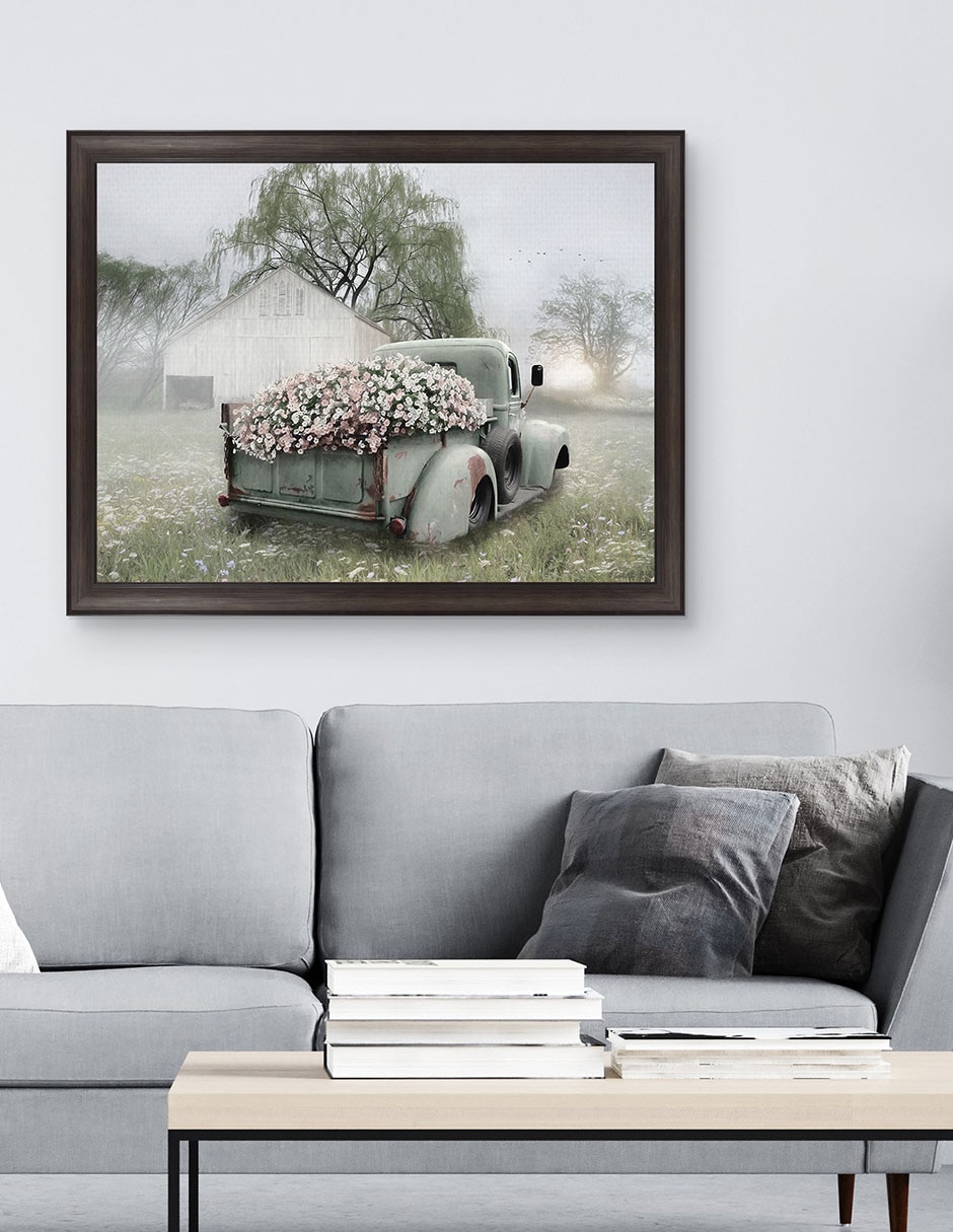 Cuadro decorativo Camioneta verde con petunias rosadas de Lori Deiter técnica mixta 3