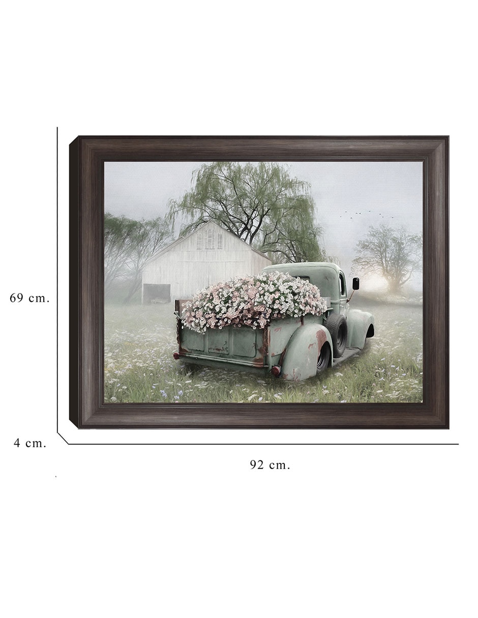 Cuadro decorativo Camioneta verde con petunias rosadas de Lori Deiter técnica mixta 2
