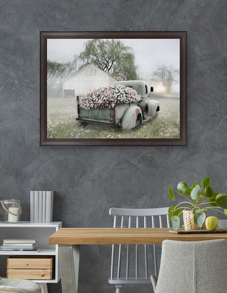 Cuadro decorativo Camioneta verde con petunias rosadas de Lori Deiter técnica mixta 5