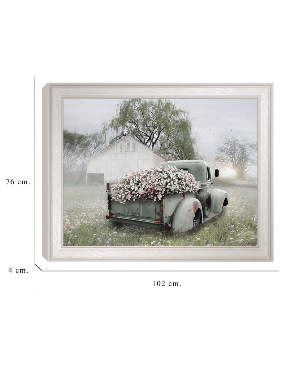 Cuadro decorativo Camioneta verde con petunias rosadas de Lori Deiter técnica mixta 2