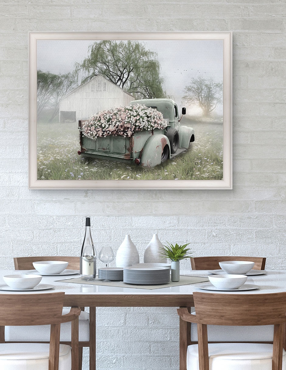 Cuadro decorativo Camioneta verde con petunias rosadas de Lori Deiter técnica mixta 4