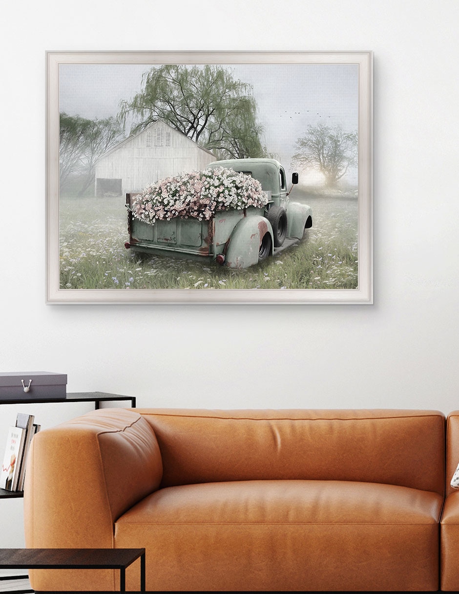 Cuadro decorativo Camioneta verde con petunias rosadas de Lori Deiter técnica mixta 5