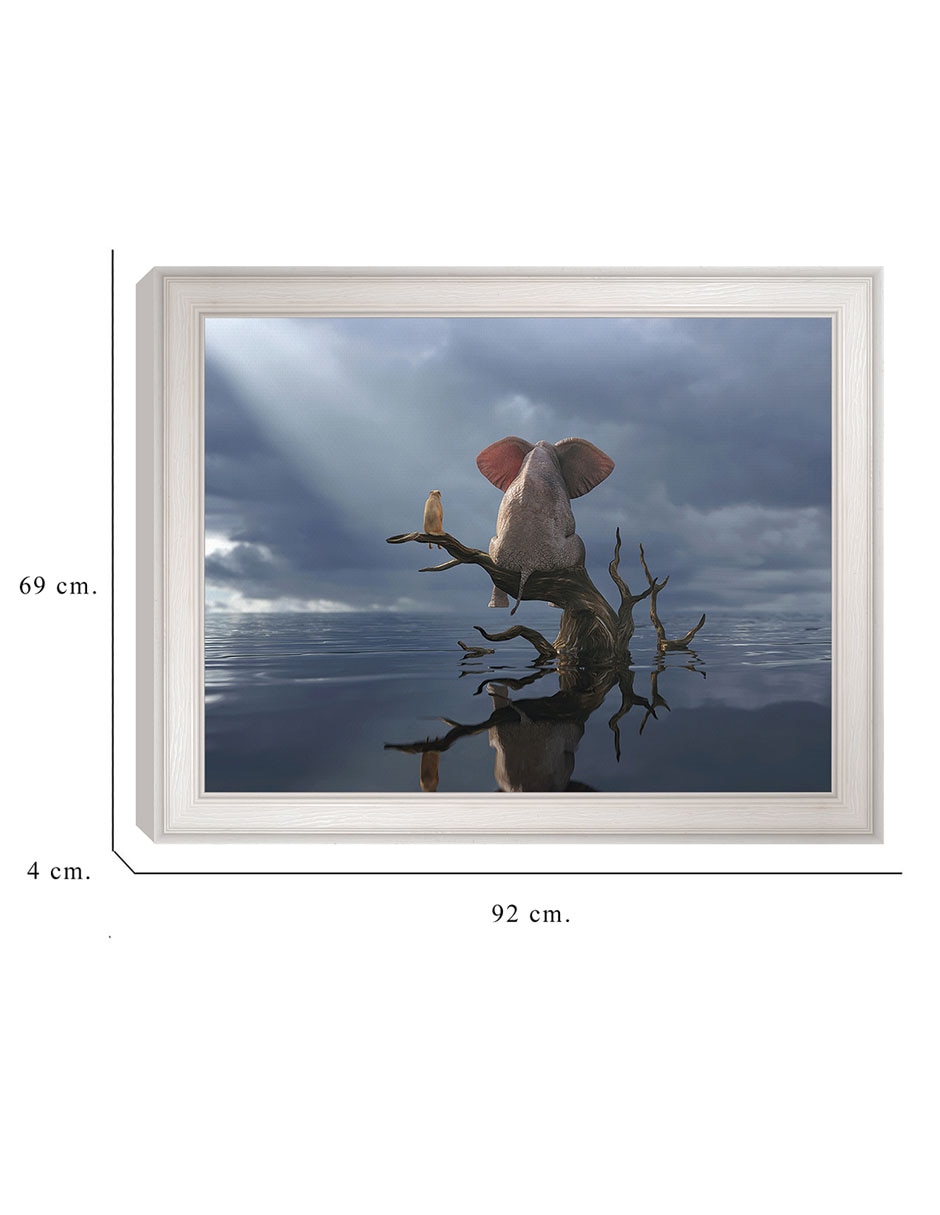 Cuadro decorativo Elefante y perro sentados en un árbol huyendo de una inundación de Mike Kiev técnica mixta 6