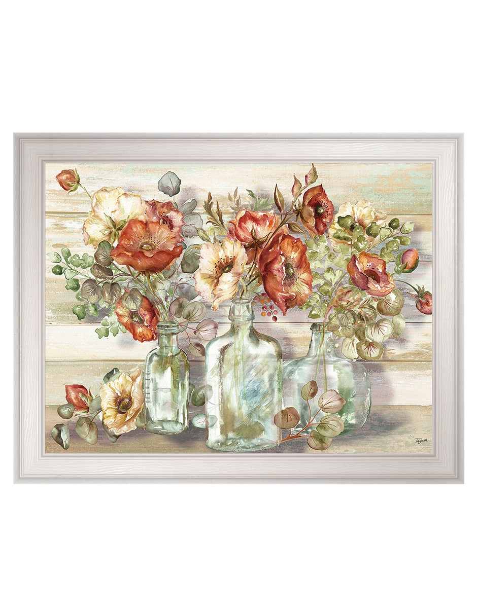Cuadro decorativo Paisaje de amapolas especiadas y eucalipto en botellas de Tre Sorelle técnica mixta