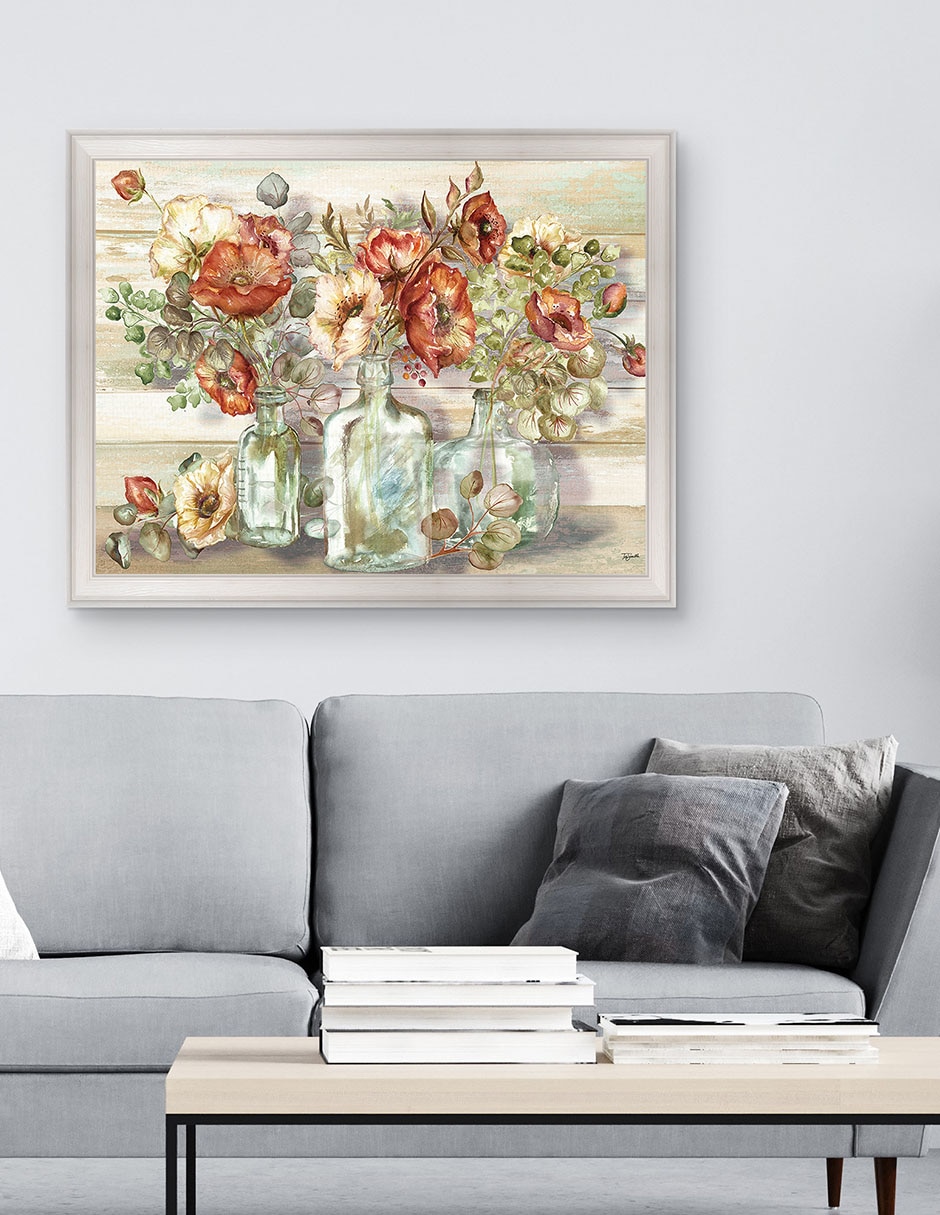 Cuadro decorativo Paisaje de amapolas especiadas y eucalipto en botellas de Tre Sorelle técnica mixta 2
