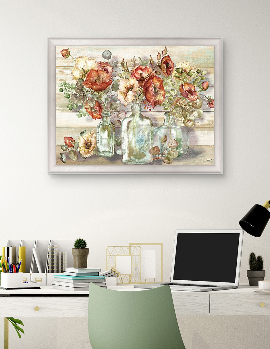 Cuadro decorativo Paisaje de amapolas especiadas y eucalipto en botellas de Tre Sorelle técnica mixta 3