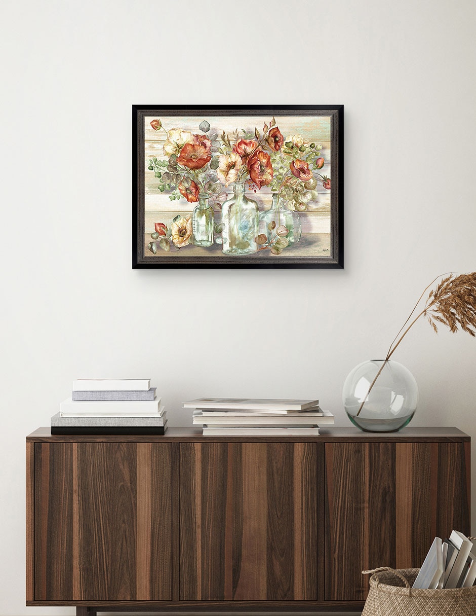 Cuadro decorativo Paisaje de amapolas especiadas y eucalipto en botellas de Tre Sorelle técnica mixta 3