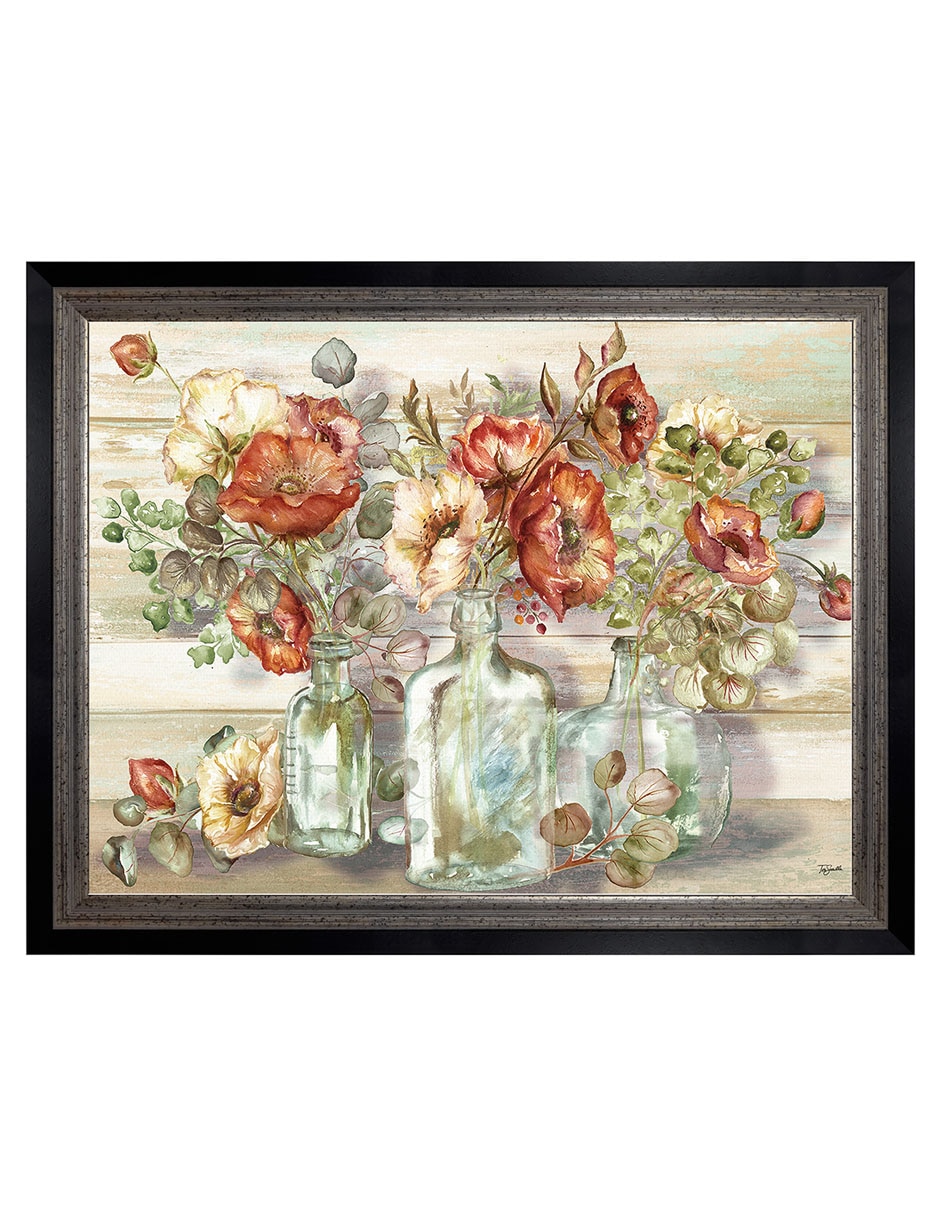 Cuadro decorativo Paisaje de amapolas especiadas y eucalipto en botellas de Tre Sorelle técnica mixta