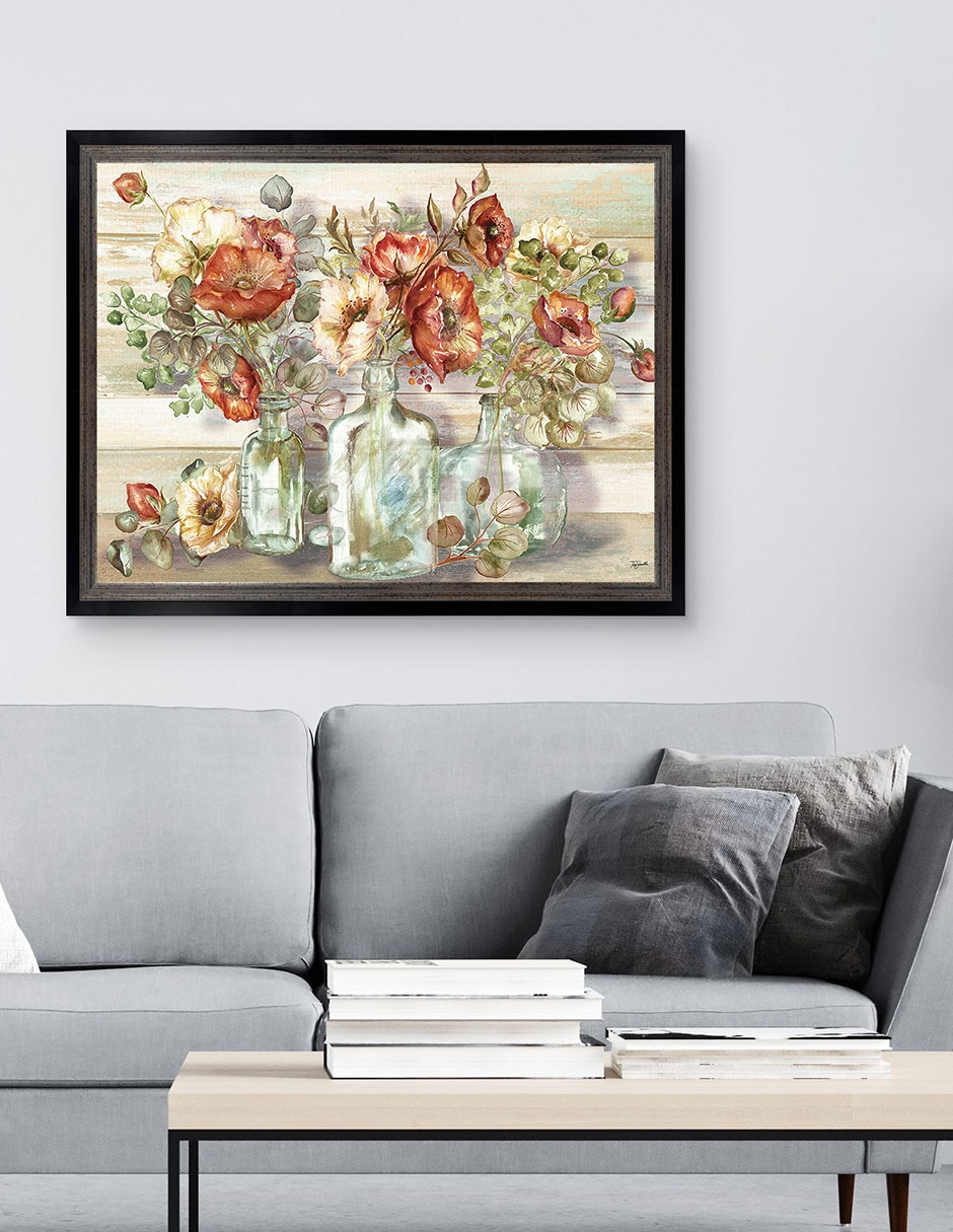 Cuadro decorativo Paisaje de amapolas especiadas y eucalipto en botellas de Tre Sorelle técnica mixta 3