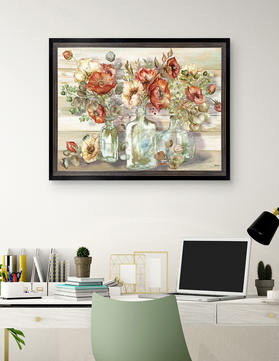 Cuadro decorativo Paisaje de amapolas especiadas y eucalipto en botellas de Tre Sorelle técnica mixta 4