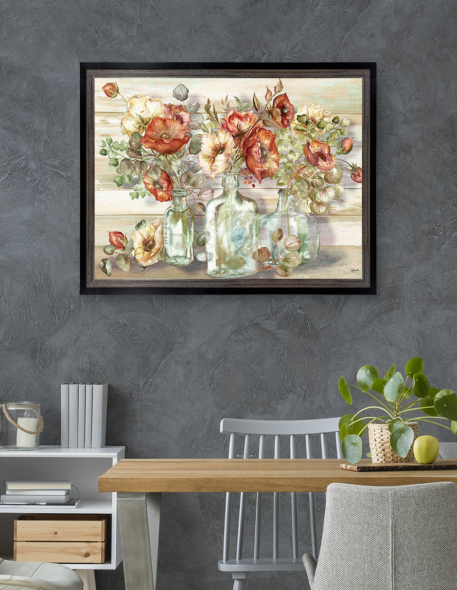 Cuadro decorativo Paisaje de amapolas especiadas y eucalipto en botellas de Tre Sorelle técnica mixta 5