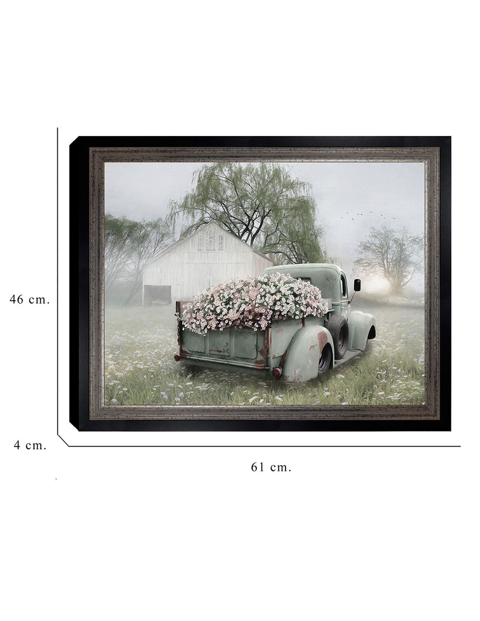 Cuadro decorativo Camioneta verde con petunias rosadas de Lori Deiter técnica mixta 2