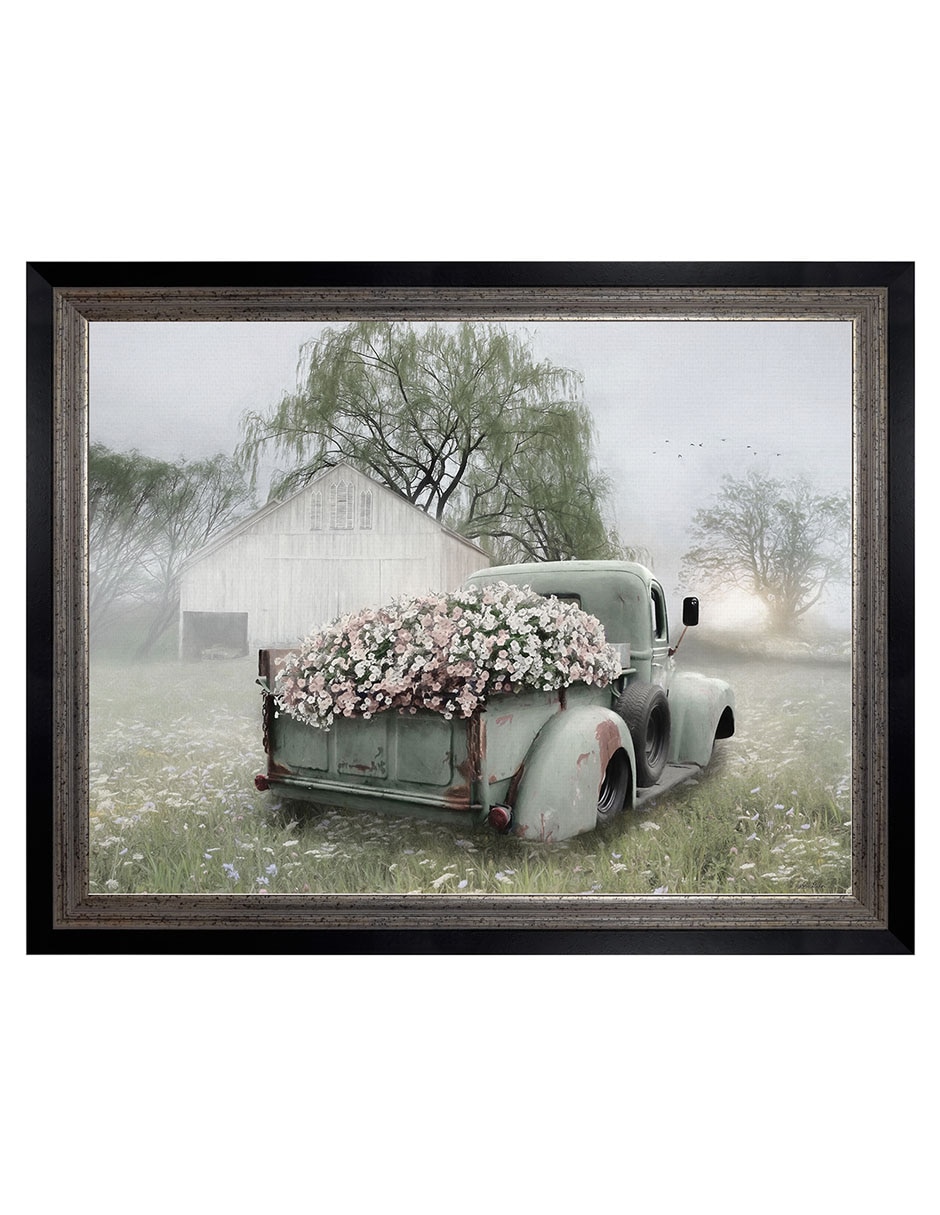 Cuadro decorativo Camioneta verde con petunias rosadas de Lori Deiter técnica mixta