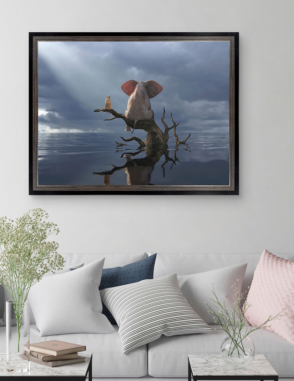 Cuadro decorativo Elefante y perro sentados en un árbol huyendo de una inundación de Mike Kiev técnica mixta 2