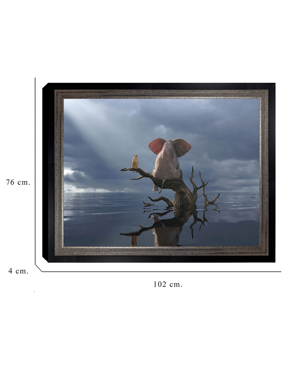 Cuadro decorativo Elefante y perro sentados en un árbol huyendo de una inundación de Mike Kiev técnica mixta 6
