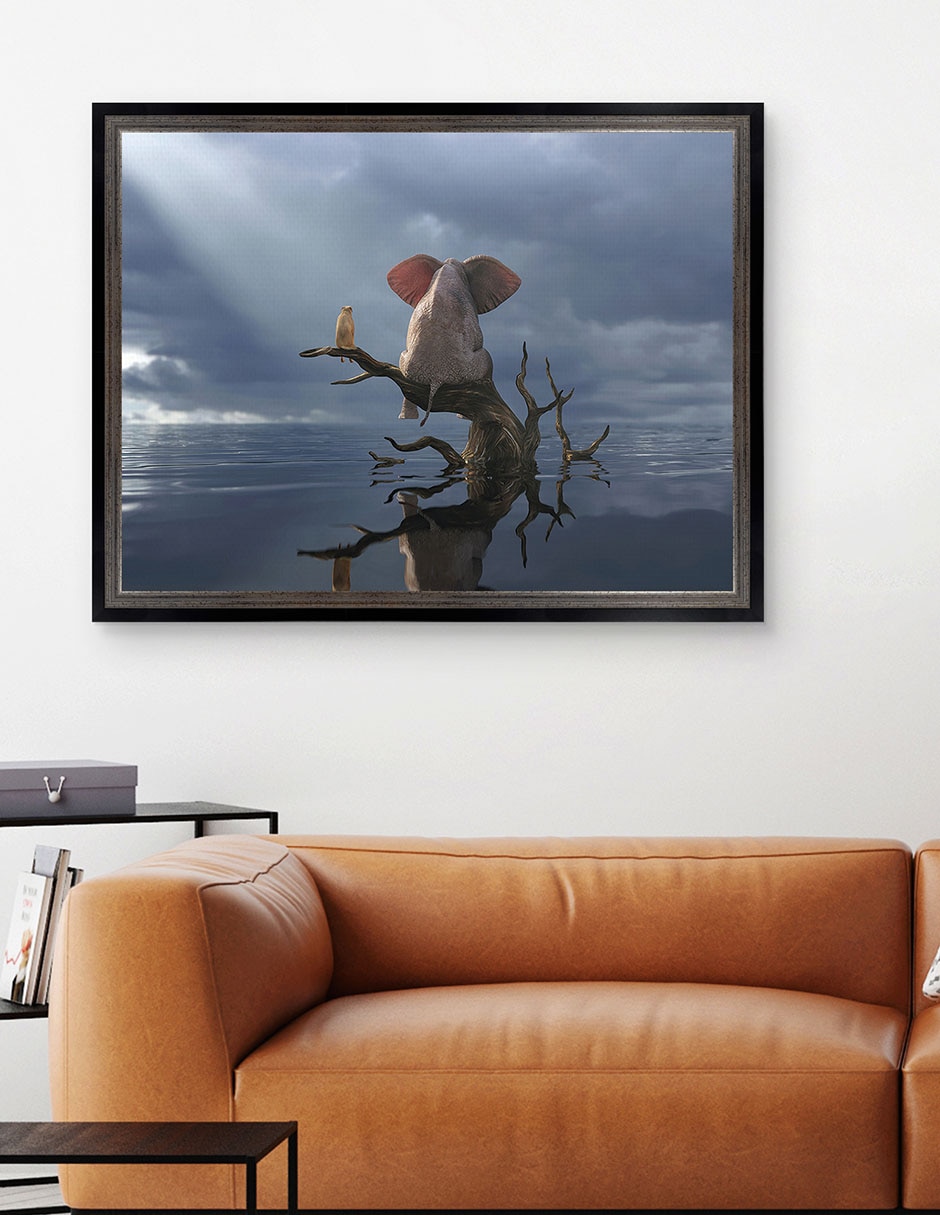 Cuadro decorativo Elefante y perro sentados en un árbol huyendo de una inundación de Mike Kiev técnica mixta 4