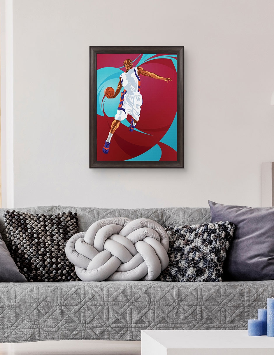 Cuadro decorativo enmarcado- clavada de baloncesto de nikita abakumov técnica mixta 4