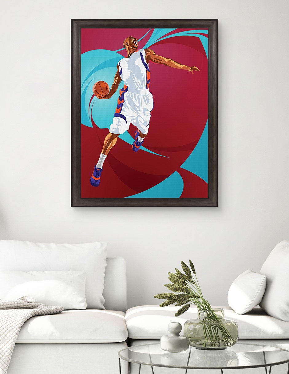Cuadro decorativo enmarcado- clavada de baloncesto de nikita abakumov técnica mixta 3