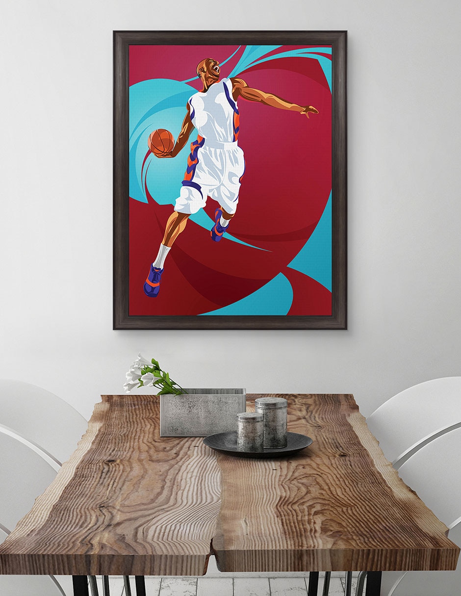 Cuadro decorativo enmarcado- clavada de baloncesto de nikita abakumov técnica mixta 4
