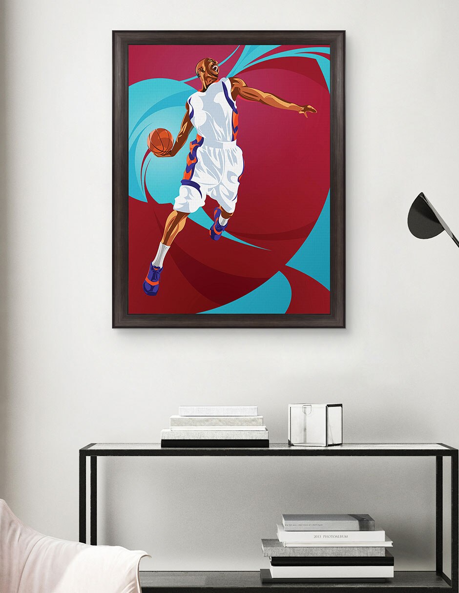 Cuadro decorativo enmarcado- clavada de baloncesto de nikita abakumov técnica mixta 5